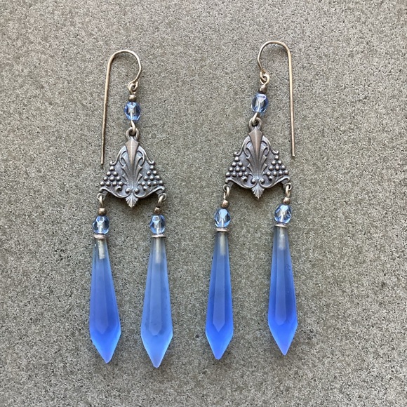 Antique Style Blue Drop Crystal Earrings - Picture 5 of 5